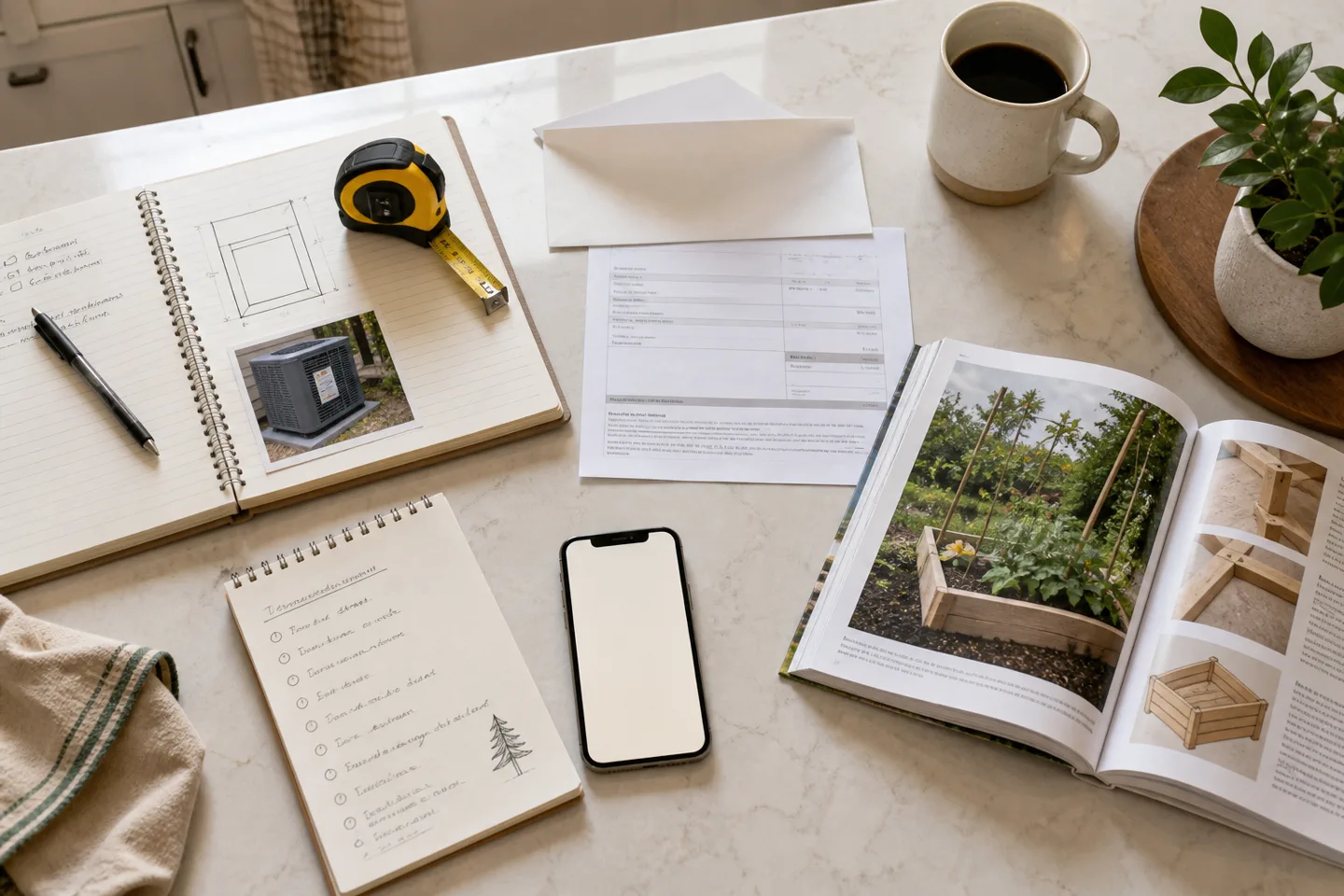 A phone, field notes, repair estimate, hobby guide, and weekend idea list arranged on a bright home table.