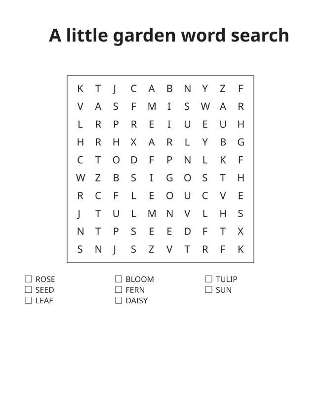 Printable garden word search with rose, seed, leaf, bloom, fern, daisy, tulip and sun